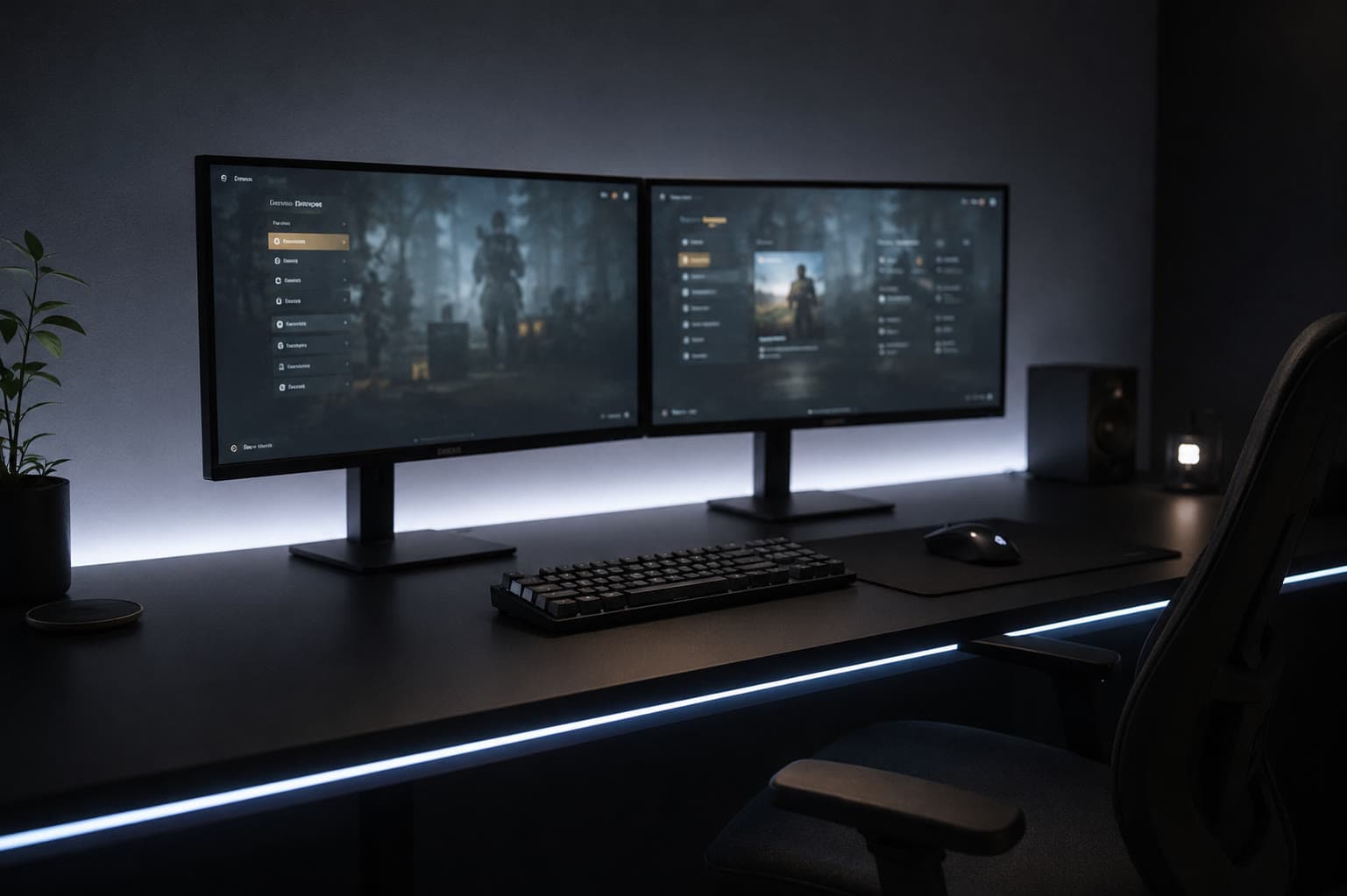 Gaming-desk set plate for the REC MAX campaign, dual monitors at night