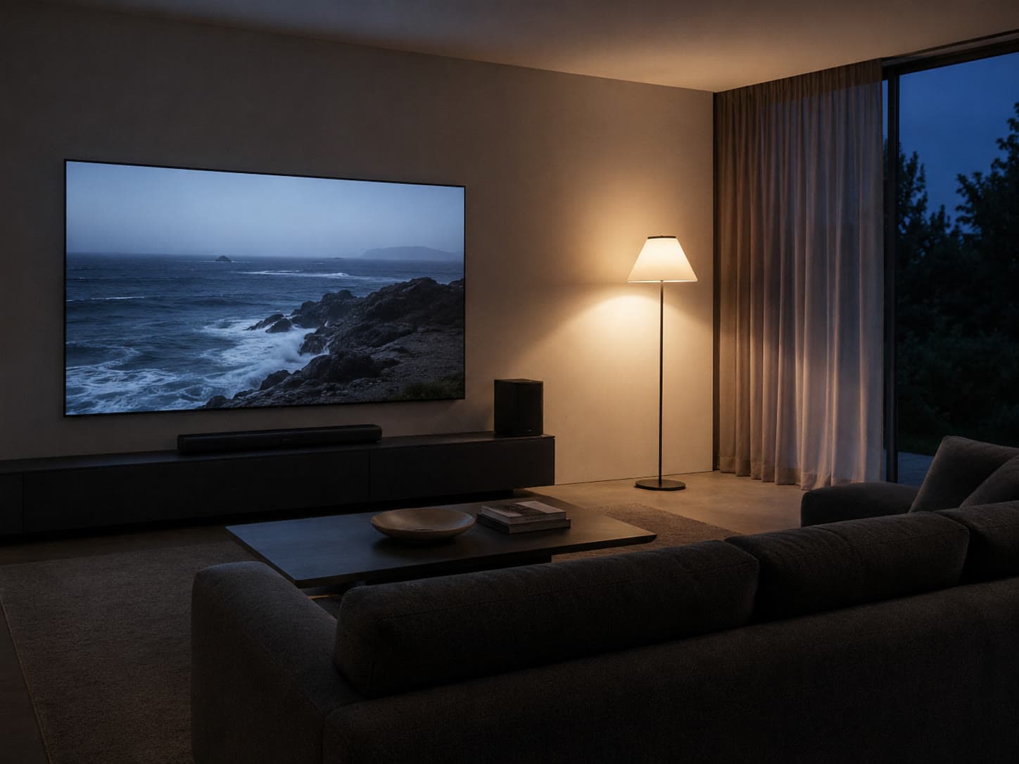 Living-room set plate for the REC MAX campaign, television in the evening
