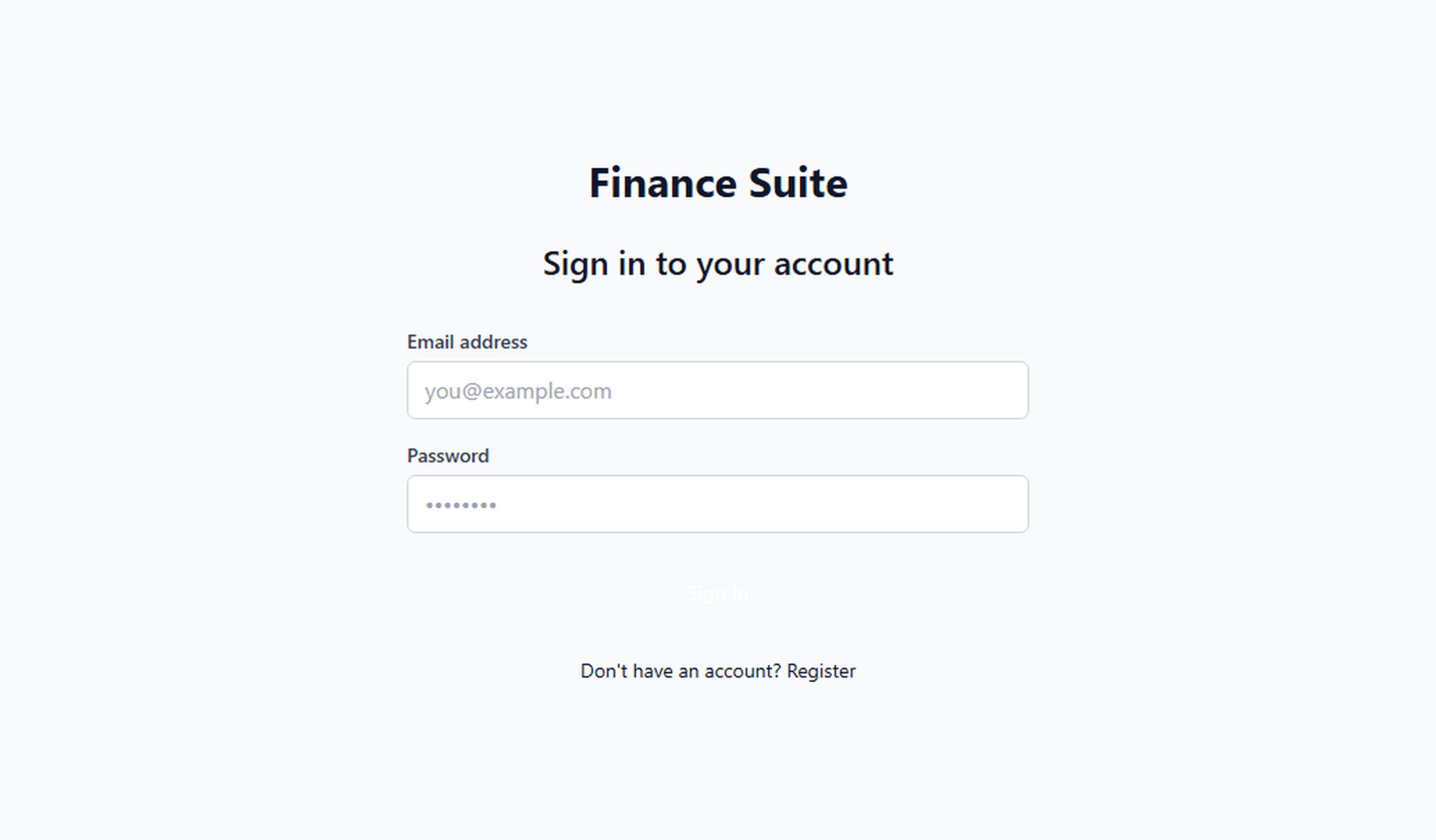 Personal Finance Suite login screen